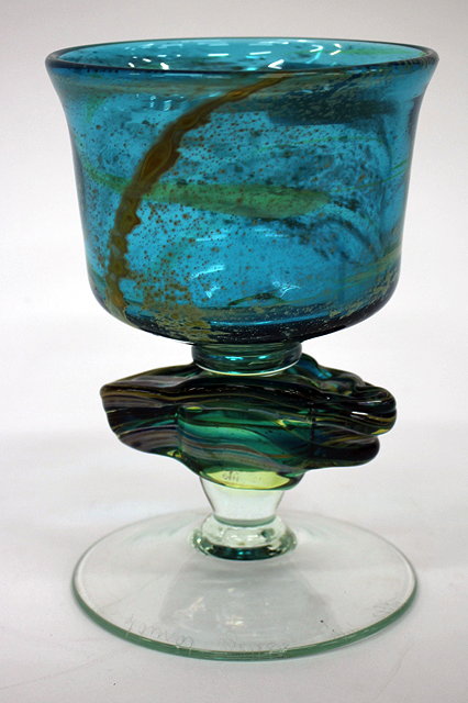 Appraisal: A MDINA GLASS GOBLET with blue glass bowl with yellow