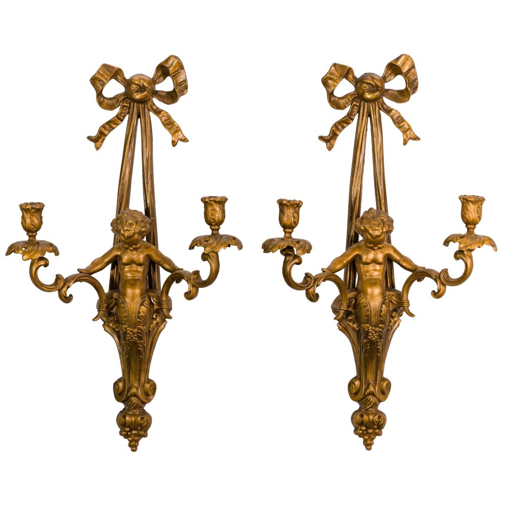 Appraisal: LOUIS XVI STYLE GILT METAL SCONCESPair of two-light wall sconces