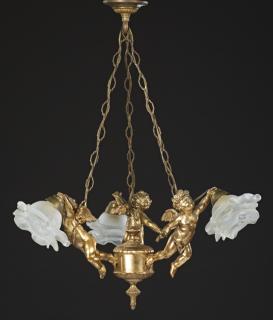 Appraisal: Diminutive French Gilt Bronze Figural Three Light Chandelier c with