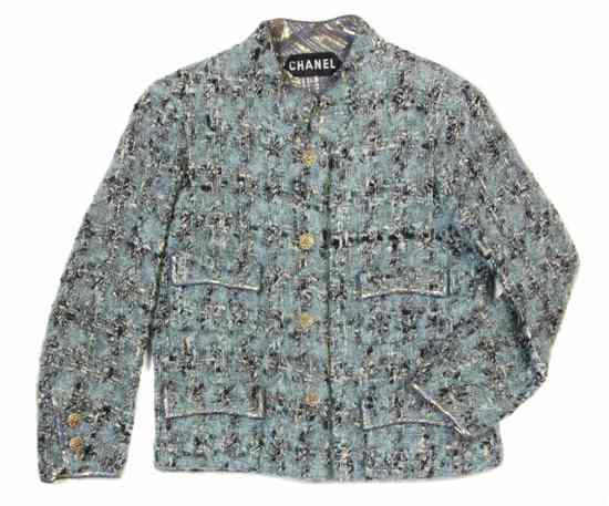 Appraisal: A Chanel Couture Blue Tweed Jacket with blue and gold