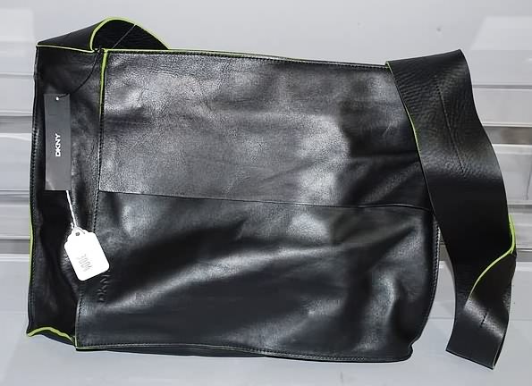 Appraisal: DKNY black with green trim leather shoulder handbag Neiman Marcus