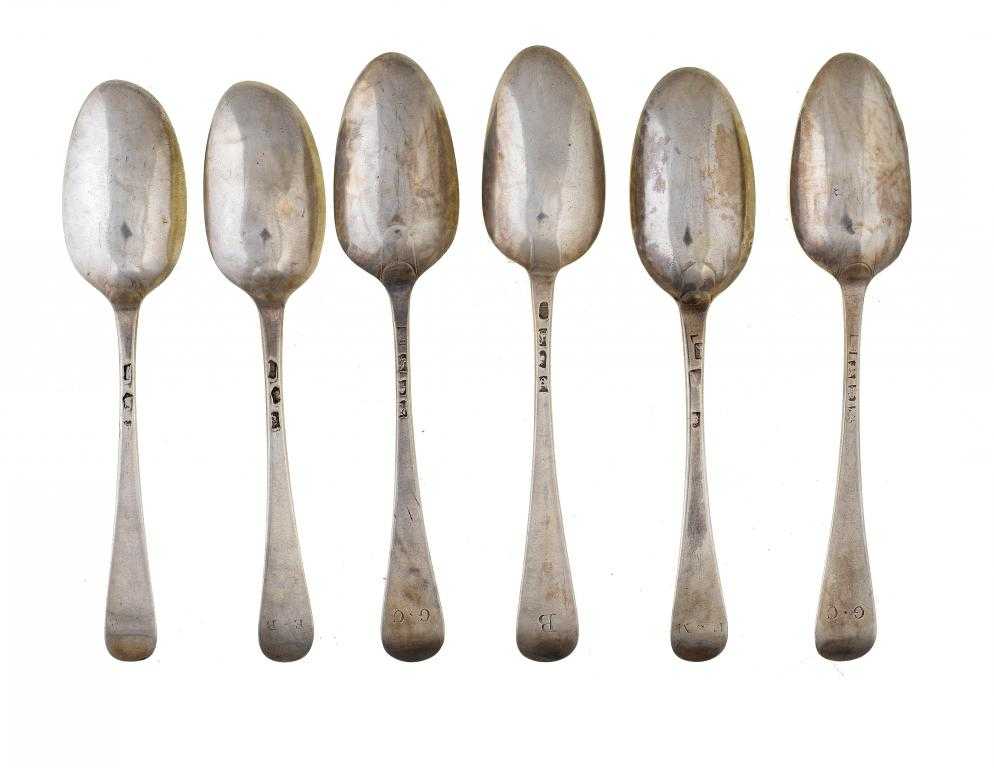 Appraisal: SIX GEORGE II-III TABLESPOONS Hanoverian pattern all London including a