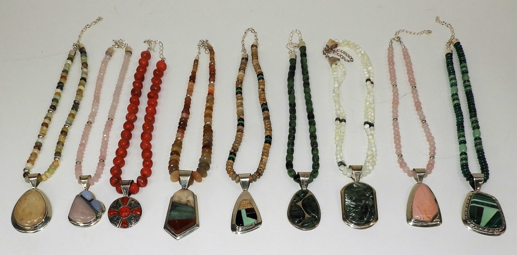 Appraisal: ESTATE STERLING SILVER BEADED STONE NECKLACES China ContemporaryNine heavy and