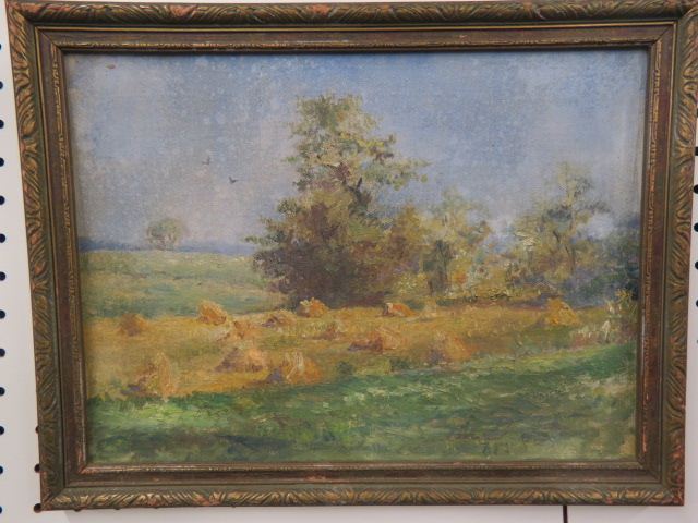 Appraisal: Antique Oil on Canvas landscape with haystacks image area x