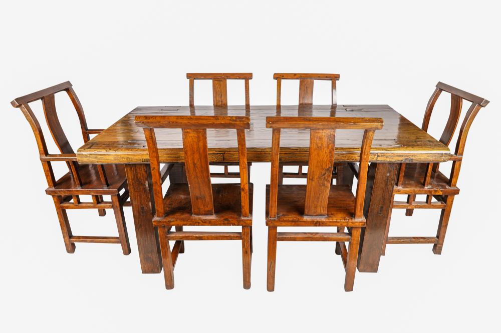 Appraisal: CONTEMPORARY RUSTIC WOOD DINING SETcomprising two armchairs four side chairs