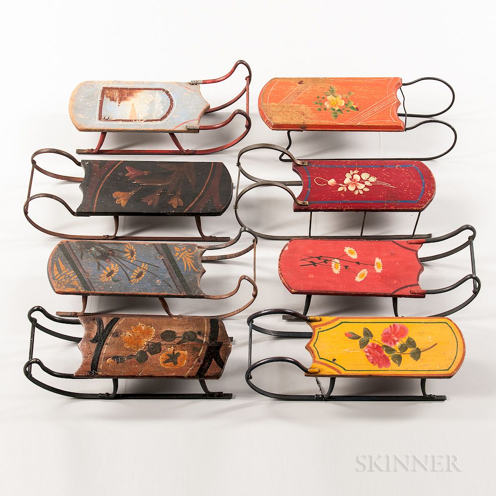 Appraisal: Collection of Eight Miniature Painted Sleds Collection of Eight Miniature