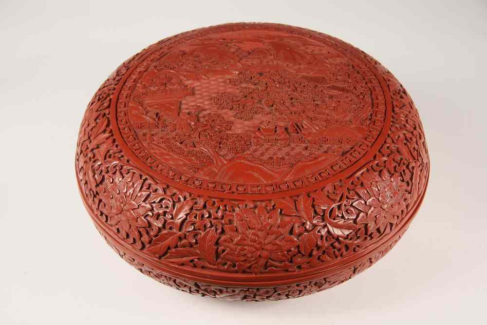 Appraisal: CHINESE CINNABAR BOX - Chinese round Cinnabar Box carved in