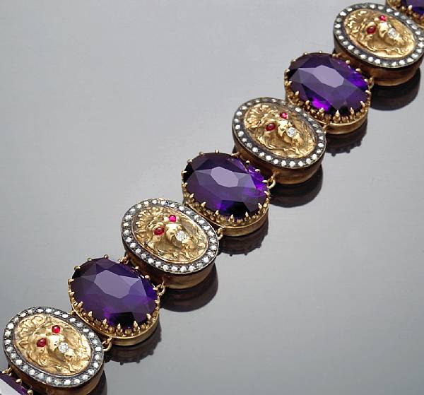 Appraisal: An amethyst diamond and ruby link bracelet estimated total amethyst