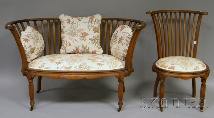 Appraisal: Upholstered Birch Spindle Barrel-back Settee and Side Chair