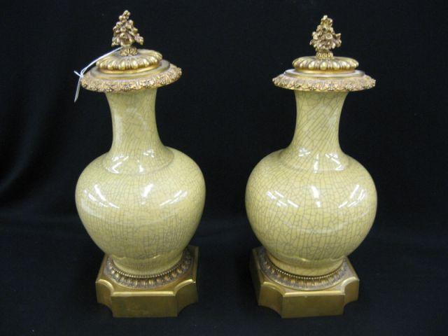 Appraisal: Pair of French Bronze Ormolu Pottery Urns mustard crackle glaze