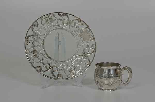 Appraisal: Sterling Handled Mug Plus A sterling mug with engraved design