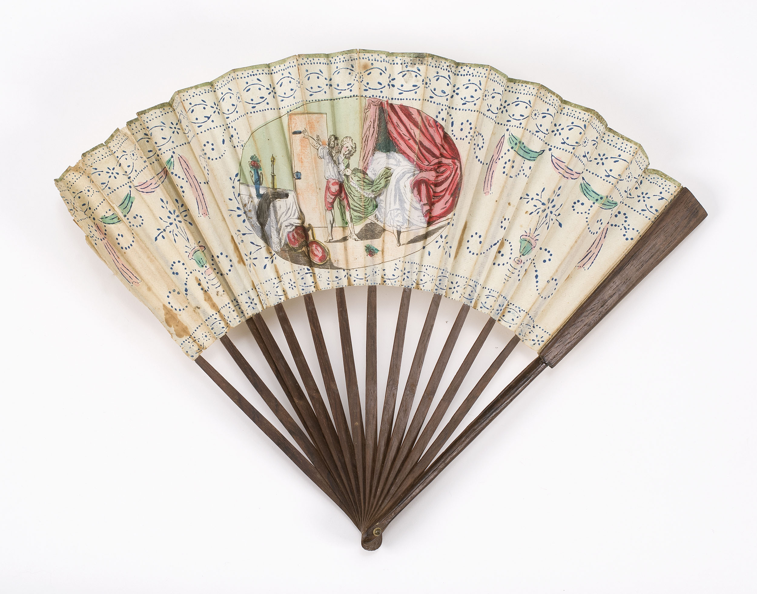 Appraisal: PAPER AND WOOD FOLDING FAN French th CenturyLithographed central vignette