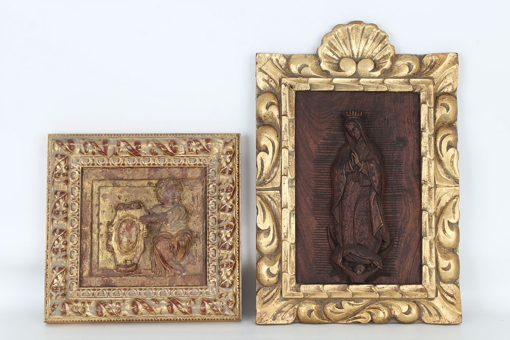 Appraisal: Antique Framed Italian Carved Wood Figures Antique Framed Italian Carved