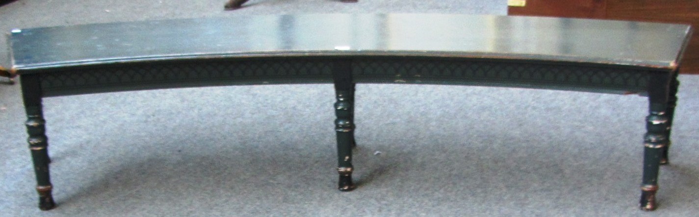 Appraisal: A th century painted curved bench on six turned supports