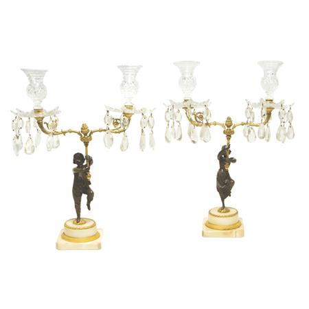 Appraisal: Pair of Regency Gilt and Patinated-Bronze and Cut Glass Two-Light