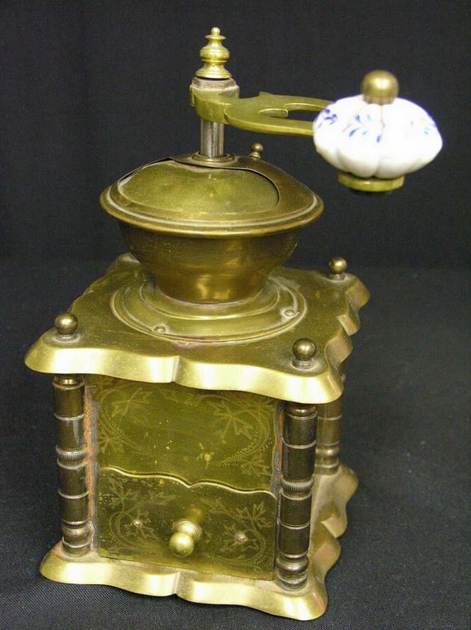 Appraisal: VICTORIAN BRASS COFFEE GRINDER blue and white porcelain knob on