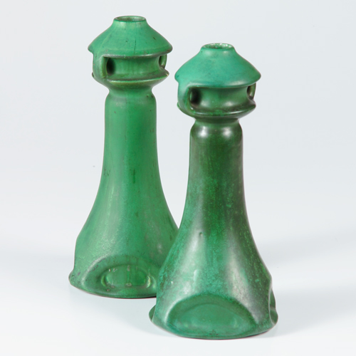 Appraisal: Pair of WELLER Matte Green lantern-shaped candlesticks chip near rim