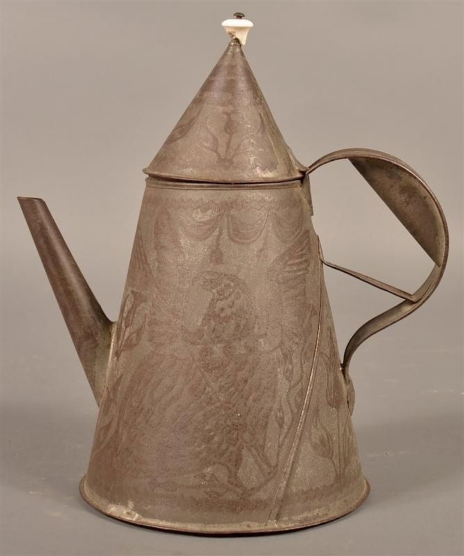 Appraisal: Rare SE PA Wriggle Work Tin Coffee Pot Rare Southeastern