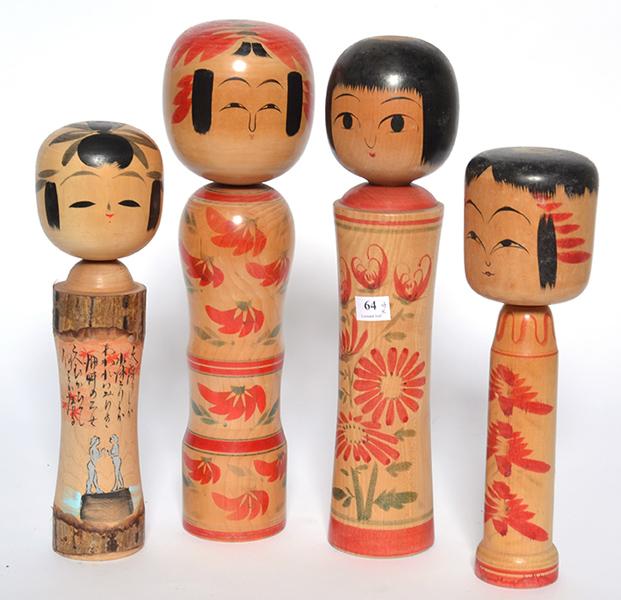 Appraisal: GROUP OF FOUR LARGE JAPANESE KOKESHI DOLLS the tallest cm