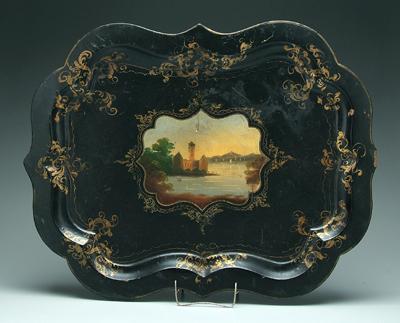 Appraisal: Papier m ch tray central cartouche with hand painted lake