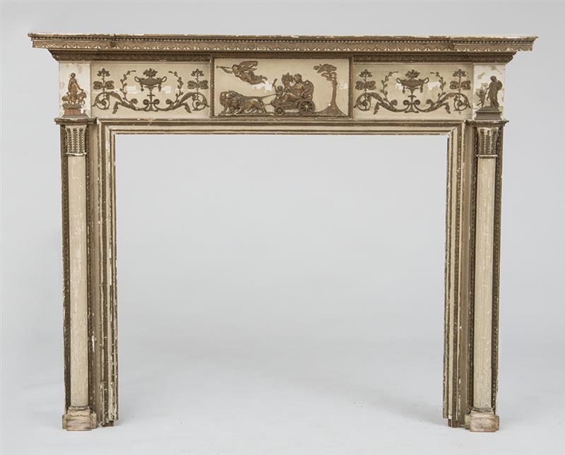 Appraisal: GEORGE III PAINTED AND PARCEL-GILT MANTLE With an inverted breakfront