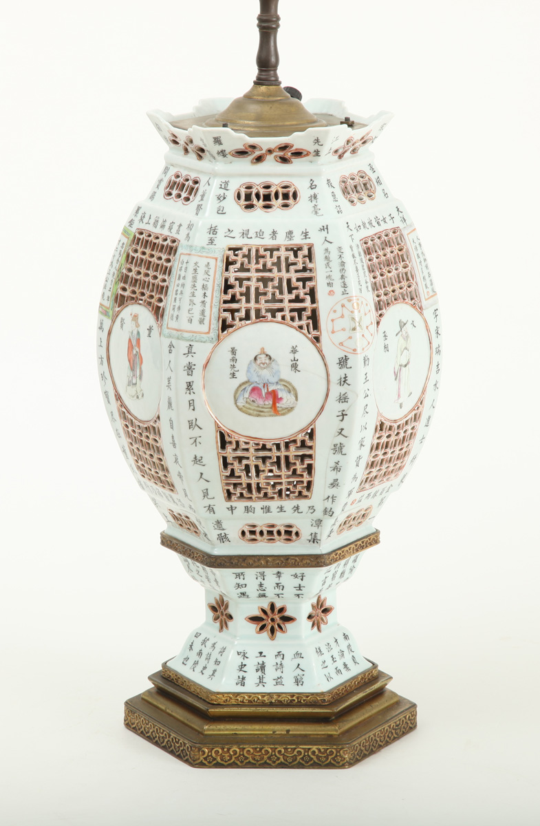 Appraisal: CHINESE FAMILLE ROSE PORCELAIN HEXAGONAL BARREL-FORM LANTERN MOUNTED AS A