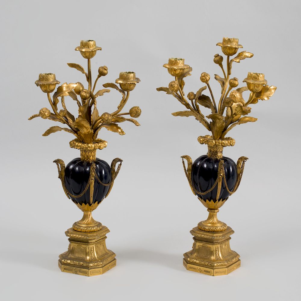 Appraisal: Pair of Louis XVI Style Gilt and Patinated-Bronze Three-Branch Candelabra