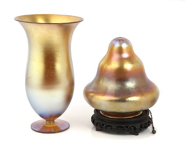 Appraisal: An American gold iridescent glass footed vase and shade early