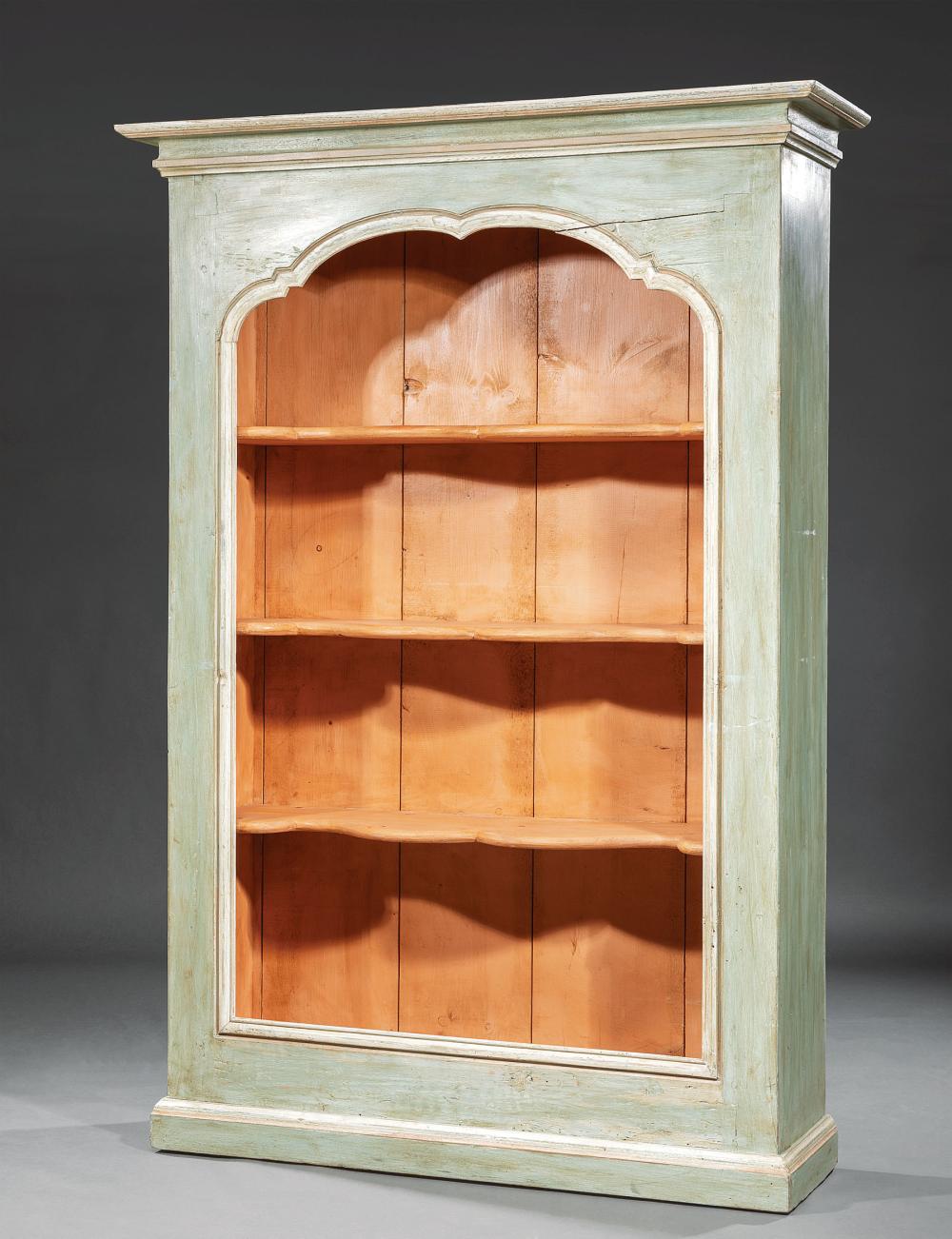 Appraisal: Painted Country Pine Open Cupboard th c flared cornice arched