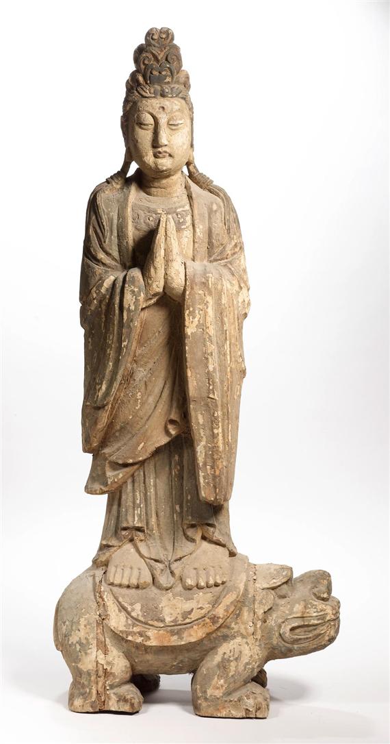 Appraisal: A STANDING BODHISATTVA China height cm Wood with traces of