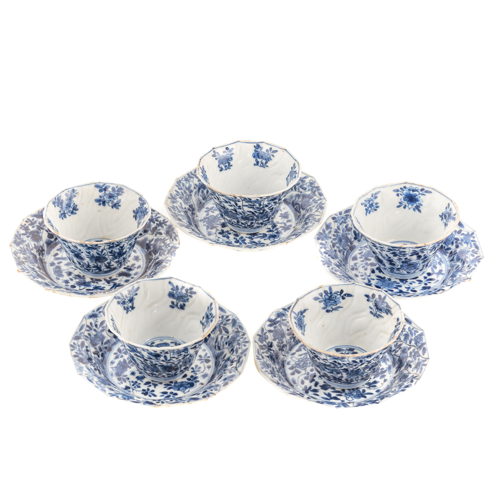 Appraisal: SIX CHINESE EXPORT BLUE WHITE CUPS SAUCERS Kang Xi circa