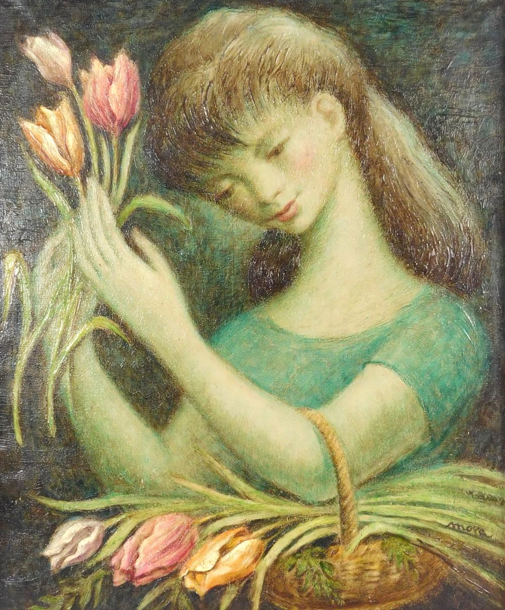 Appraisal: Oil on canvas depicting girl with tulips signed Mora th