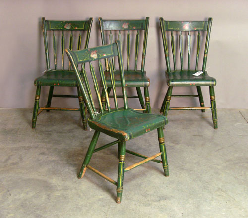 Appraisal: Set of four painted plank seat chairs th c stamped