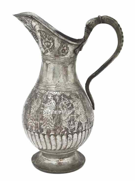 Appraisal: A Middle Eastern Silvered Metal Ewer of baluster form with