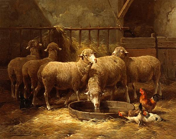 Appraisal: Frans de Beul Belgian - Sheep and chickens in a