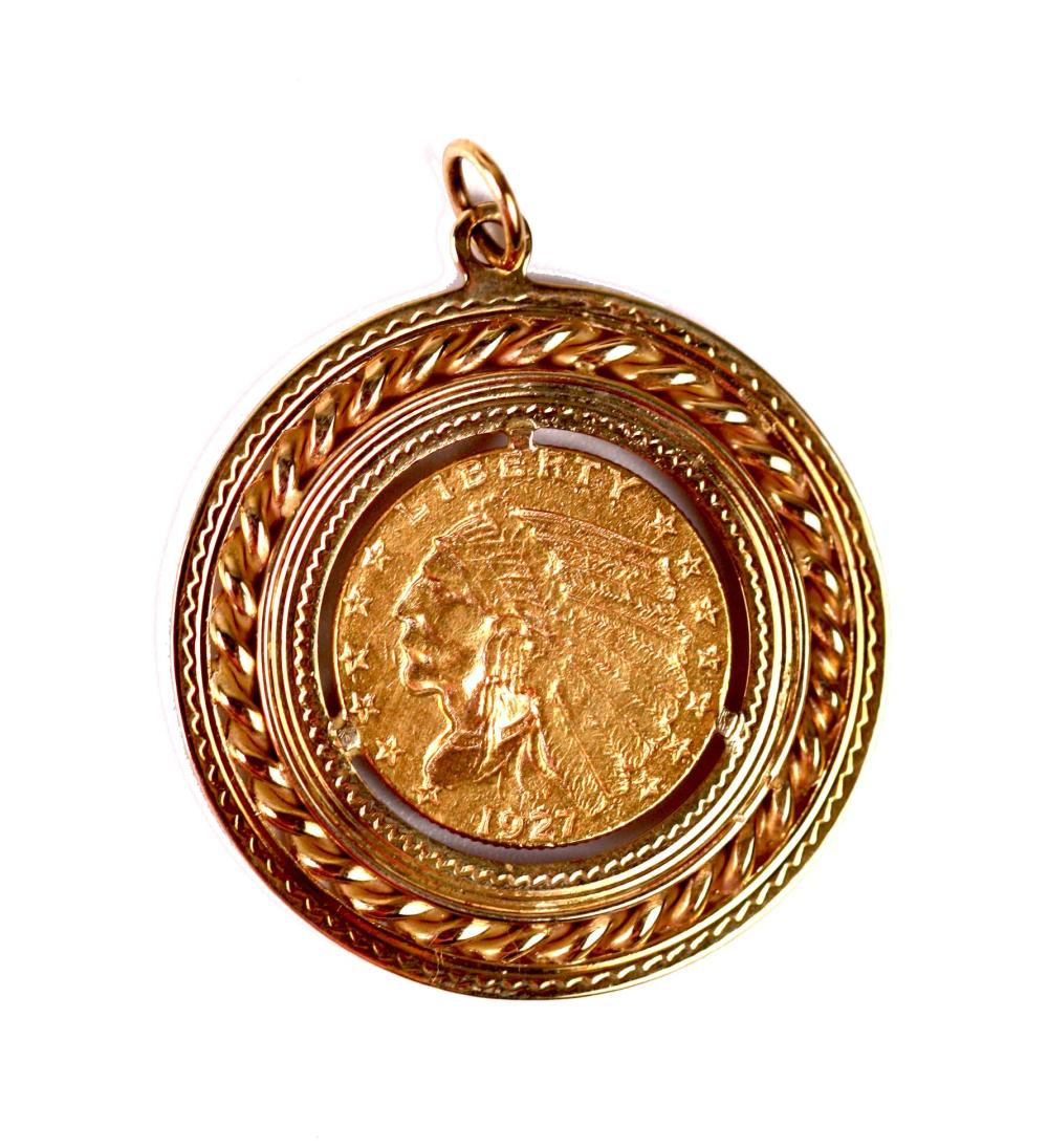 Appraisal: KT YELLOW GOLD PENDANT WITH GOLD COINThe pendant set with