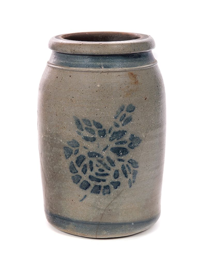 Appraisal: Blue Decorated Stoneware Crock Measures tall wide Has a large