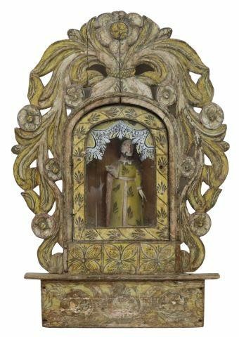 Appraisal: Spanish Colonial wall-mounted niche altar shrine carved and polychrome paint