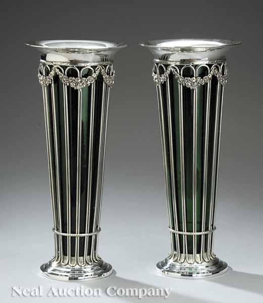 Appraisal: A Pair of Decorative Silverplate Wirework Trumpet Vases with green