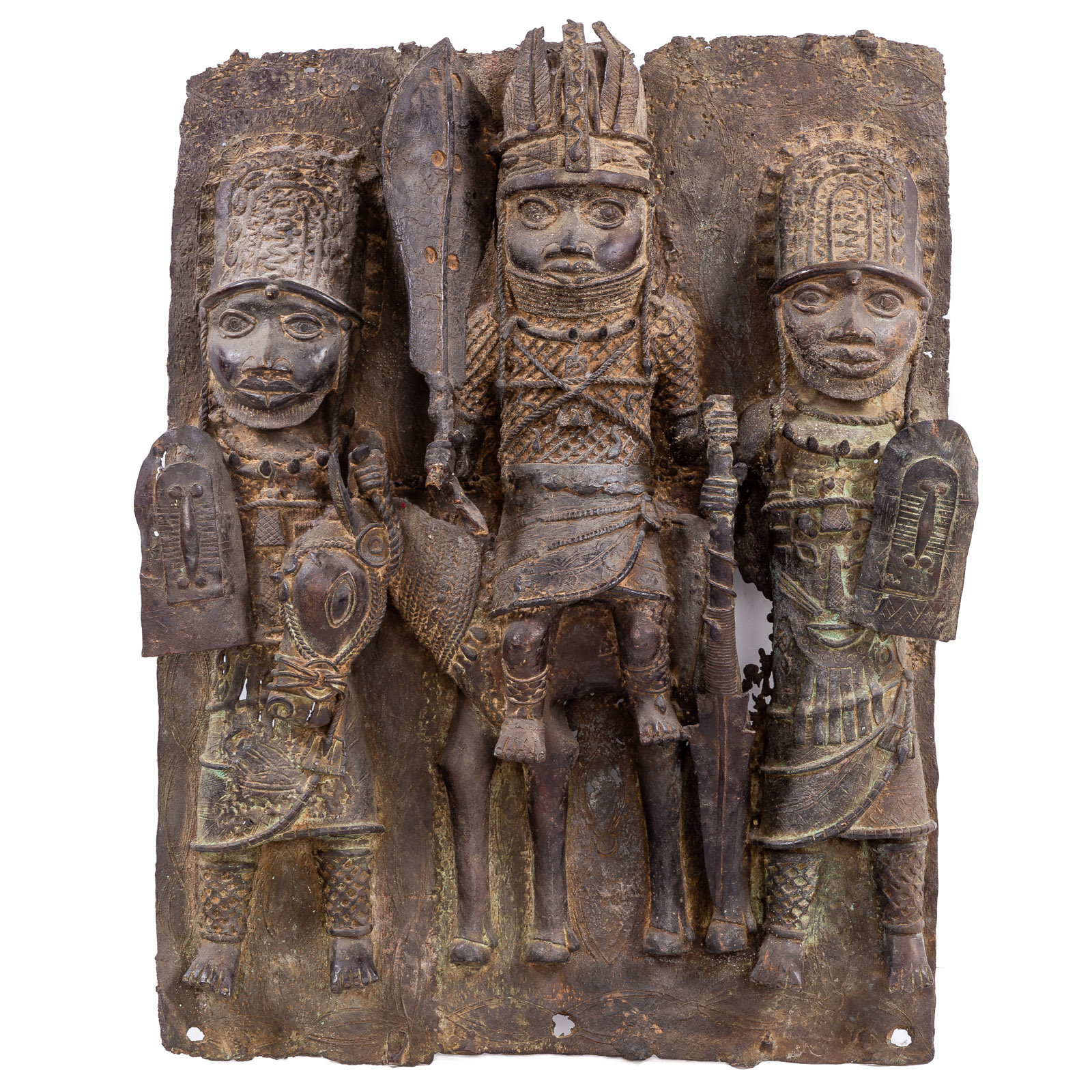 Appraisal: BENIN STYLE BRONZE FIGURAL RELIEF Modeled as three standing warriors