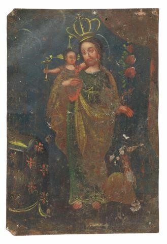 Appraisal: Unframed oil on tin retablo Mexico San Jose Saint Joseph