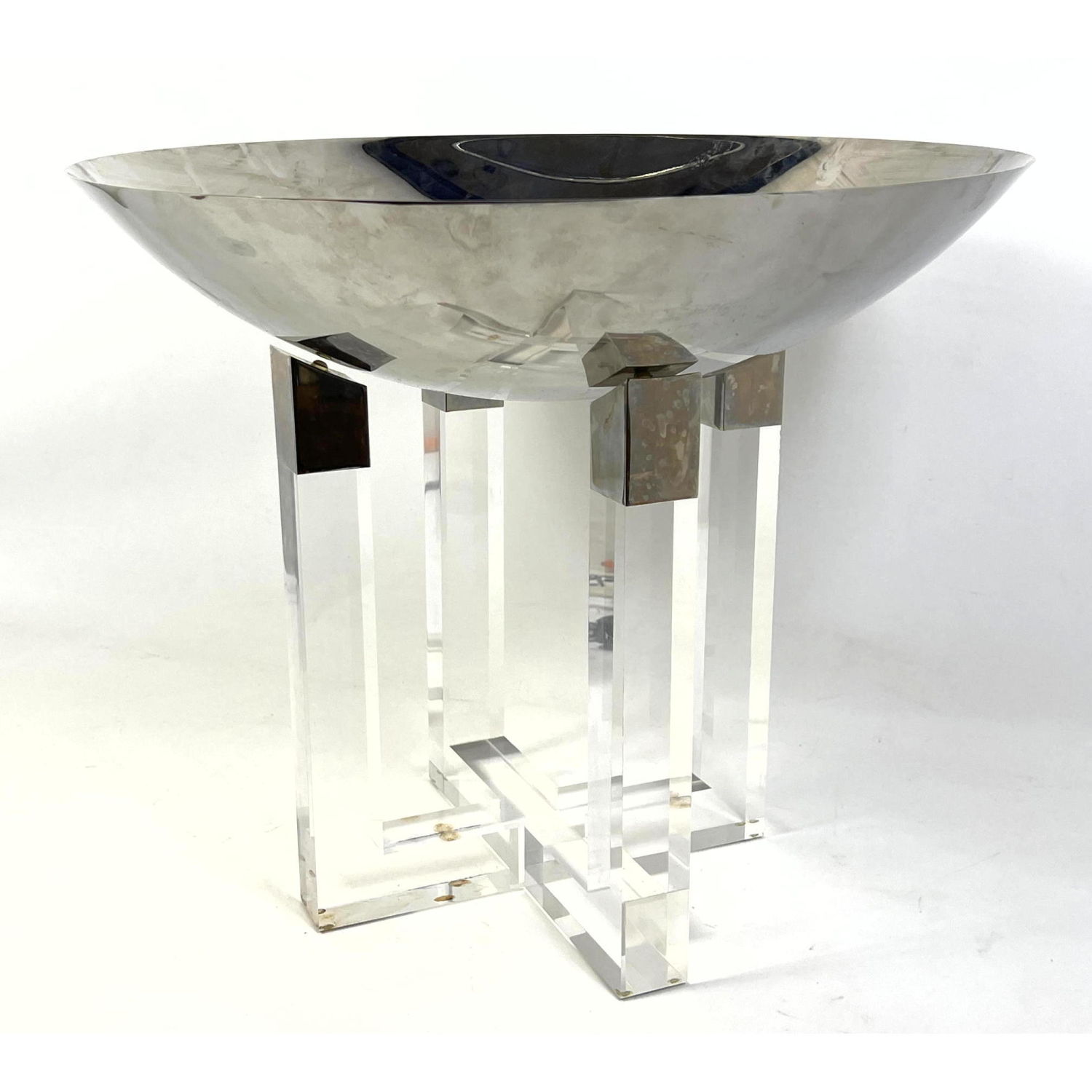 Appraisal: Modernist Chrome Bowl Compote on Four Arm Lucite Base Center