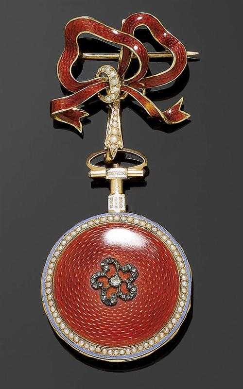 Appraisal: ENAMEL PEARL AND DIAMOND PENDANT WATCH WITH BROOCH G R