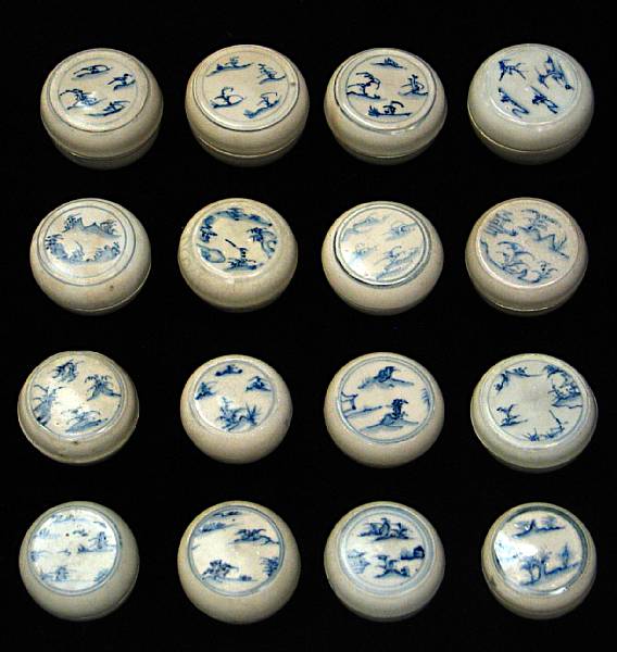 Appraisal: A group of sixteen blue and white landscape boxes Late