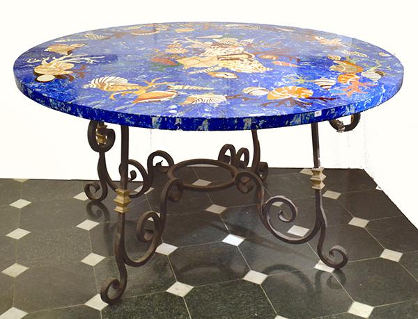 Appraisal: A CIRCULAR LAPIS LAZULI AND SPECIMEN MARBLE INLAID WROUGHT IRON