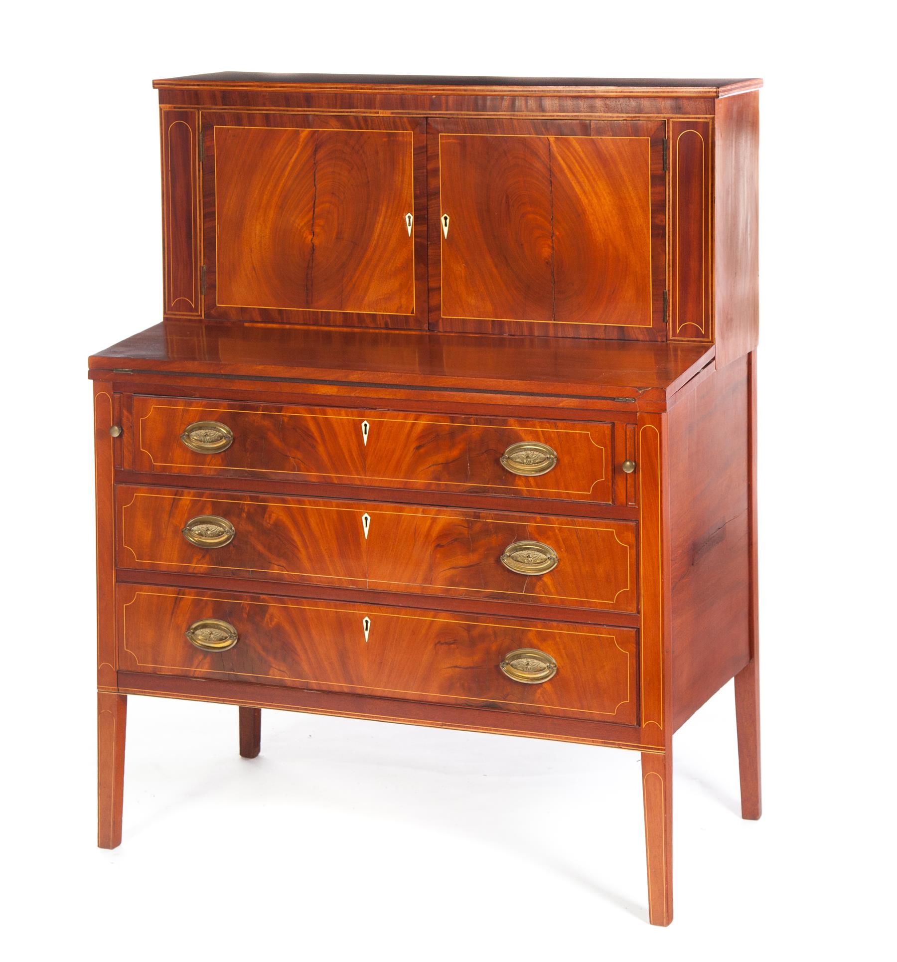 Appraisal: AMERICAN HEPPLEWHITE SECRETARY First quarter-nineteenth century cherry with mahogany veneers