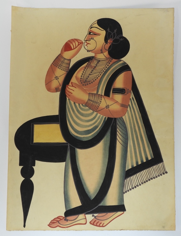 Appraisal: C INDIAN KALIGHAT SCHOOL PAINTING IndiaLate th CenturyDepicts a woman