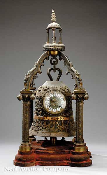 Appraisal: A Rare Antique French Bronze Bell-Form Clock Gothic-style tabernacle support