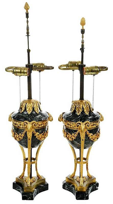 Appraisal: Pair Louis XVI Style Gilt-Bronze Mounted Lamps French early th