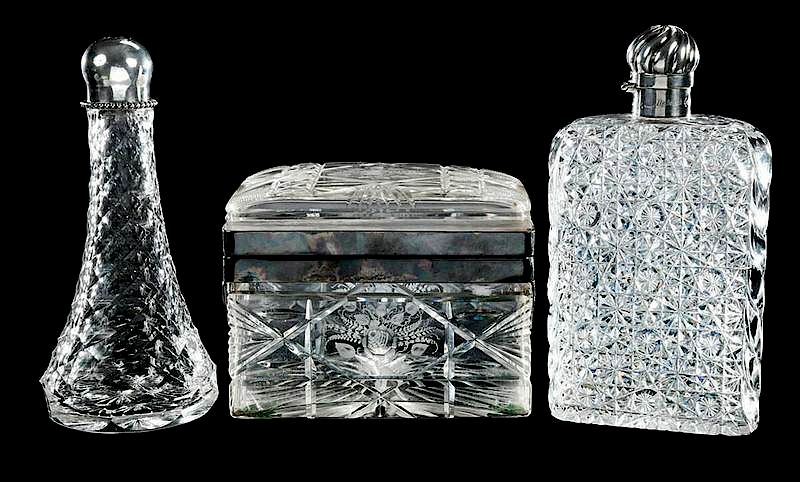 Appraisal: Cut Glass Flask Bitters Bottle Jewelry Casket Harvard flask sterling